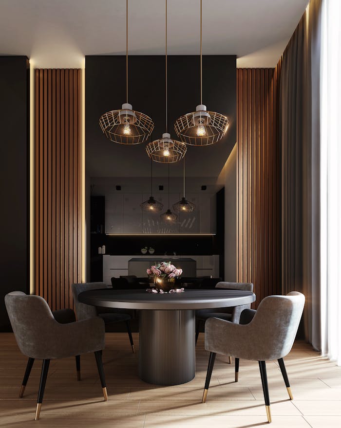 services-06 A sophisticated, contemporary dining room with elegant lighting and luxurious furnishings.